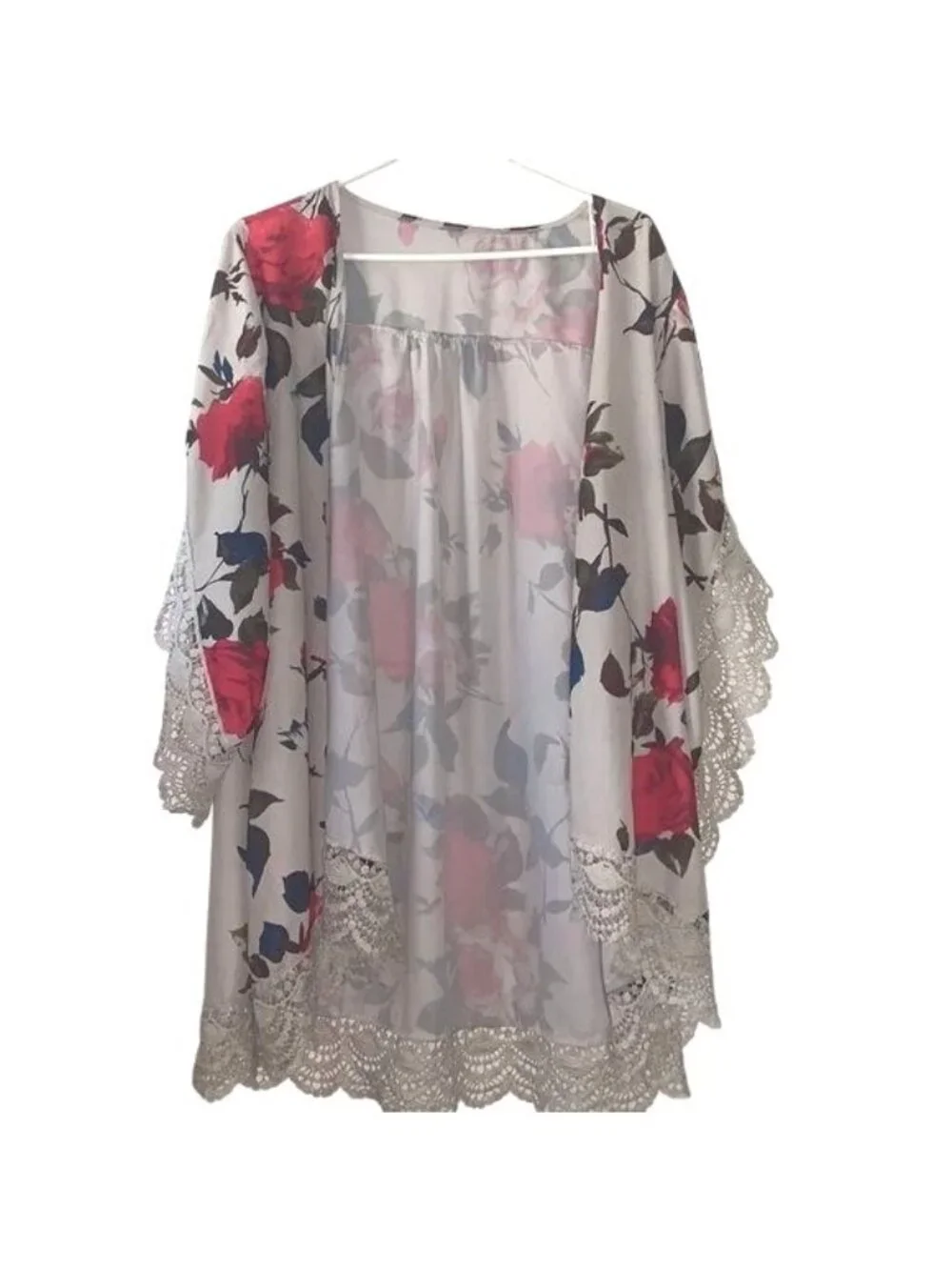 Floral Rose Print Kimono Cardigan Lace Trim Lightweight Coverup - Picture 2 of 10